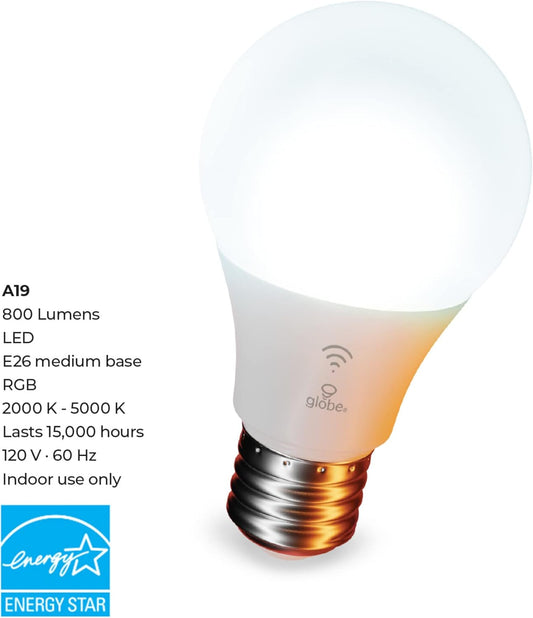 GLOBE Electric 50589 Color-Changing A19 LED Smart Light Bulb – 60W Equivalent, 800LM, 2.4GHz Wi-Fi, Works with Alexa (1-Pack)