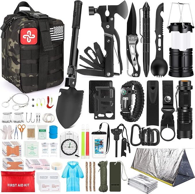 250-Piece Survival Kit with Molle-Compatible Bag & Emergency Tent – Complete First Aid Kit for Outdoor Adventures, Hiking, Hunting, Earthquakes & More – Essential Emergency Gear for Men & Women