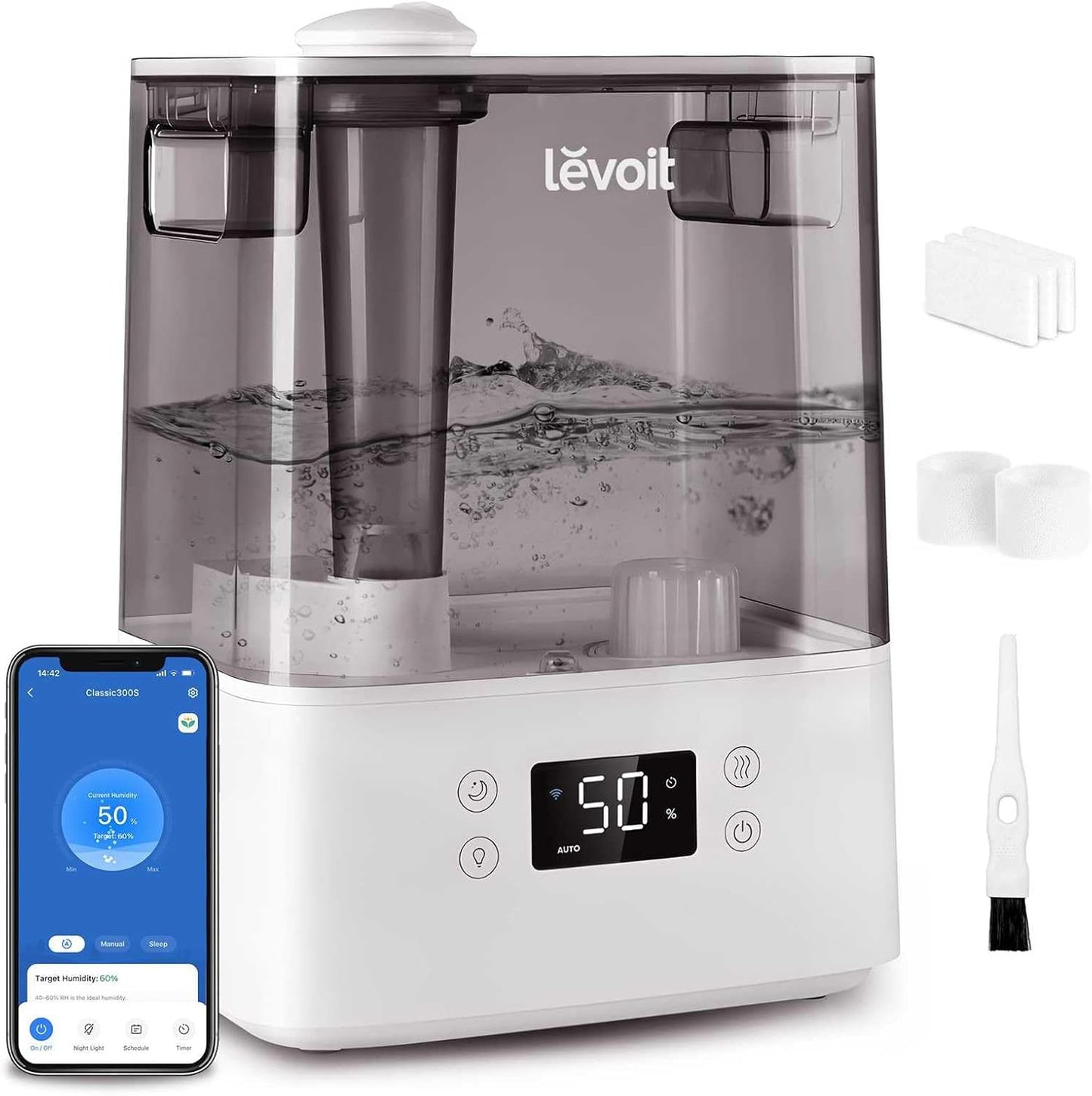 LEVOIT Smart Humidifier for Bedroom & Large Rooms (6L) – Cool Mist Top Fill Essential Oil Diffuser, Smart App & Voice Control, Rapid Humidification, Auto Mode & Quiet Sleep Mode, Gray