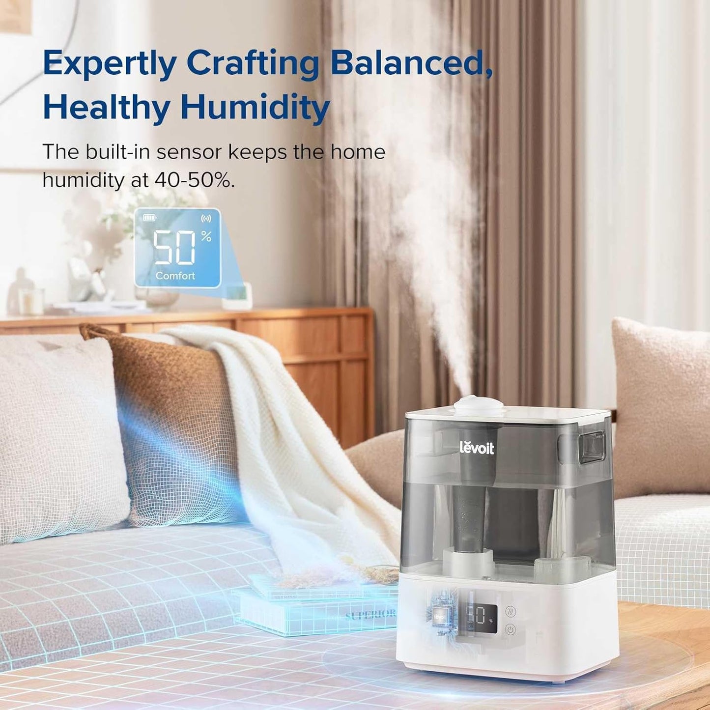 LEVOIT Smart Humidifier for Bedroom & Large Rooms (6L) – Cool Mist Top Fill Essential Oil Diffuser, Smart App & Voice Control, Rapid Humidification, Auto Mode & Quiet Sleep Mode, Gray