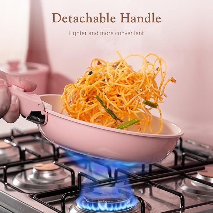 Astercook 21 Pcs Pots and Pans Set Non Stick, Ceramic Cookware Set Detachable Handle, RV Kitchen Cooking Set Removable Handles, Oven Safe, Induction Ready, Stackable Non-stick Set, Pink