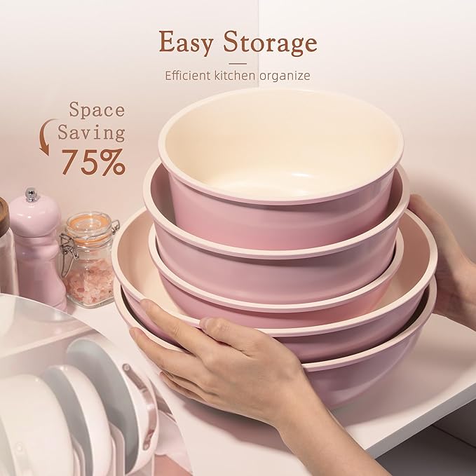 Astercook 21 Pcs Pots and Pans Set Non Stick, Ceramic Cookware Set Detachable Handle, RV Kitchen Cooking Set Removable Handles, Oven Safe, Induction Ready, Stackable Non-stick Set, Pink