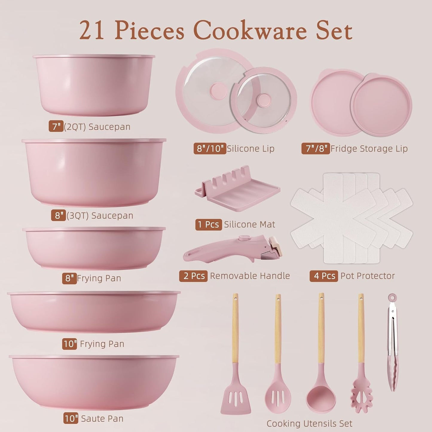 Astercook 21 Pcs Pots and Pans Set Non Stick, Ceramic Cookware Set Detachable Handle, RV Kitchen Cooking Set Removable Handles, Oven Safe, Induction Ready, Stackable Non-stick Set, Pink
